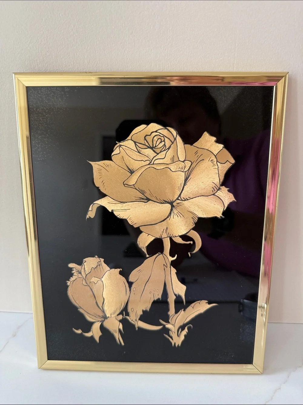 Vintage 1980s Kafka Industries Gold Foil Rose Etching Wall Art Print #2610